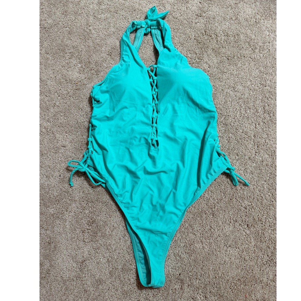 Turquoise‎ Lace Up Halter One Piece Swimsuit Side Tie XL High Cut Monokini
